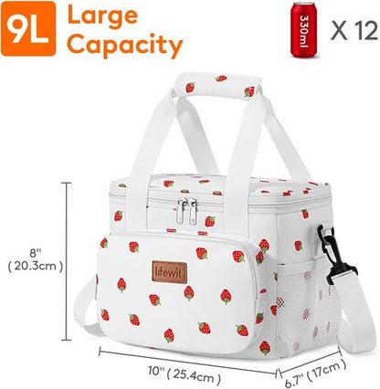 Lifewit Insulated Lunch Bag - Soft Cooler Tote for Adults | 12-Can Capacity, Strawberry Design (9L)