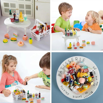 Skiennix Miniature Food & Drink Bottles Set - 50 Pcs for Dollhouse Play | Includes Soda Cans & Desserts