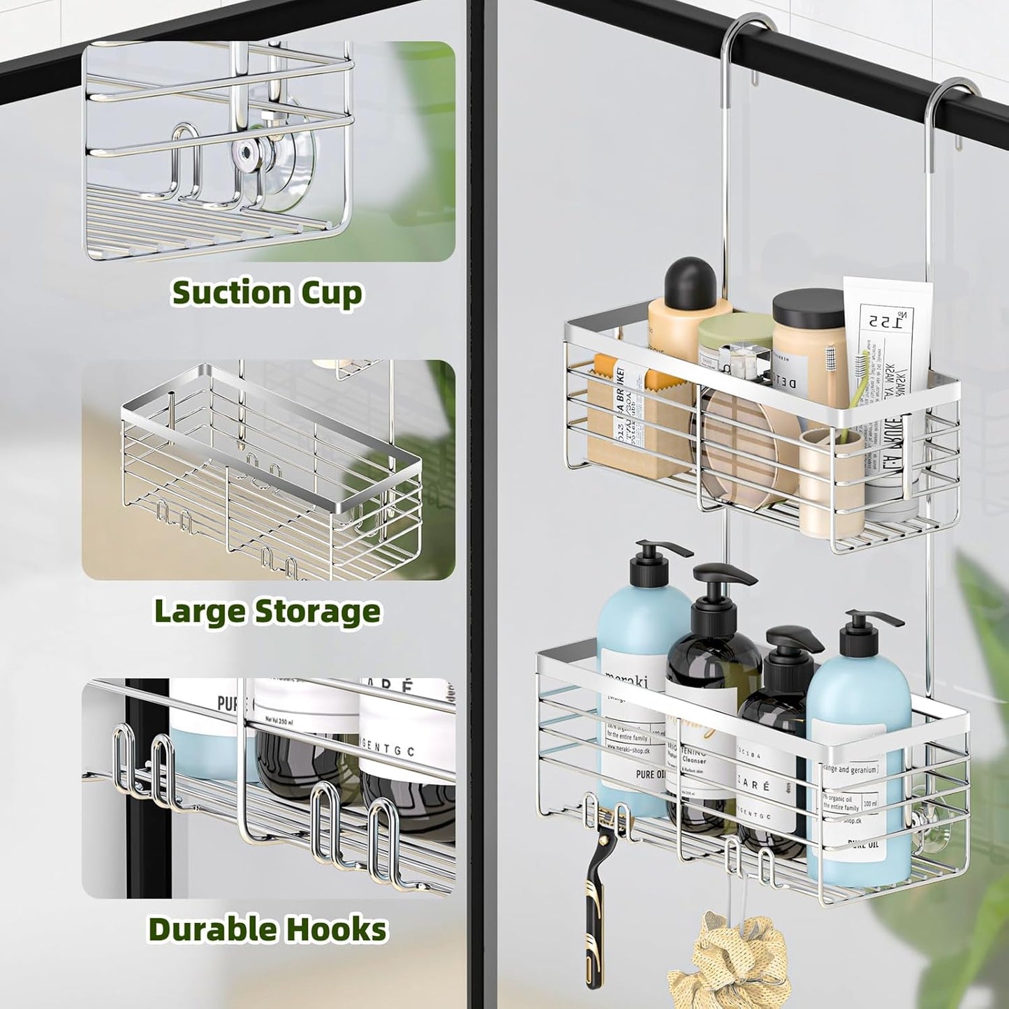 YUOROS Shower Caddy - 2-Tier Over the Door Organizer Rack | Rustproof 304 Stainless Steel, Silver Finish