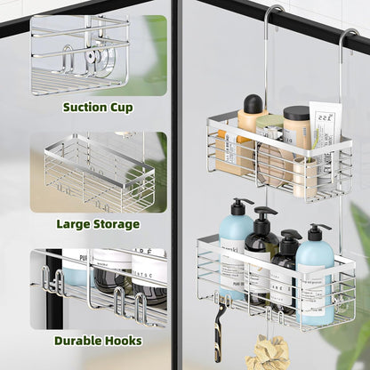 YUOROS Shower Caddy - 2-Tier Over the Door Organizer Rack | Rustproof 304 Stainless Steel, Silver Finish