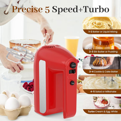 Skiennix 5-Speed Electric Hand Mixer - 800W Handheld Mixer with Turbo & 6 Attachments | Red