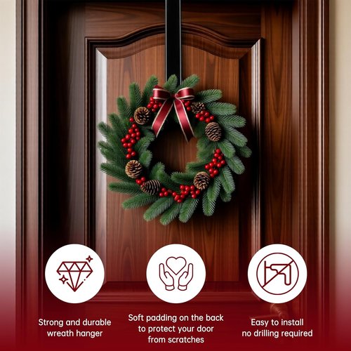 DZZ Black Wreath Hanger - Adjustable Door Hook for 20 Lb Capacity | Fits 15 to 25 Inches for Holiday Decor