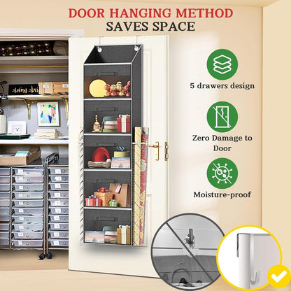 Ofiray-Home Over Door Wrapping Paper Organizer - 5 Removable Drawers & 2 Large Pockets for Gift Wrap Storage