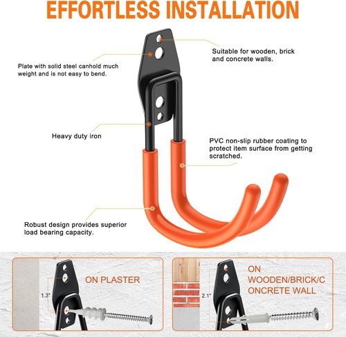 HUPBIPY Heavy Duty Garage Hooks - J Shaped Wall Mounted Tool Organizer | 4 Pack for Ladders, Bikes & More