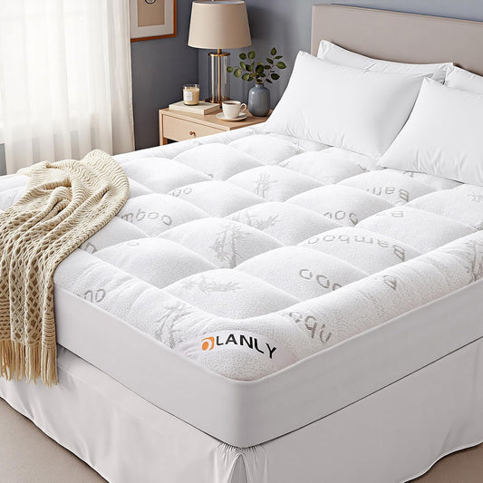 OLANLY Queen Mattress Topper - Cooling Bamboo Viscose Pillow Top for Back Pain Relief | Plush Down Alternative, White