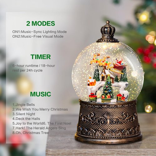 Christmas Snow Globes Lantern - Musical Winter Village Scene with Glitter Effects | USB/Battery Powered, 6-Hour Timer