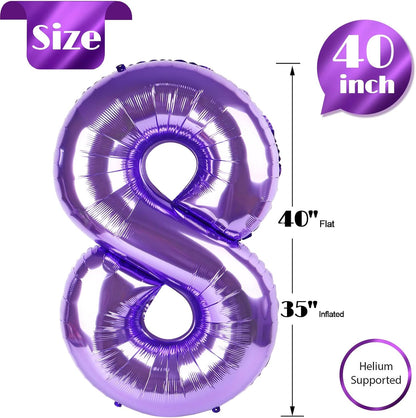 Purple Number 8 Balloon - 40 Inch Giant Foil Balloon for 8th Birthday Party Decorations