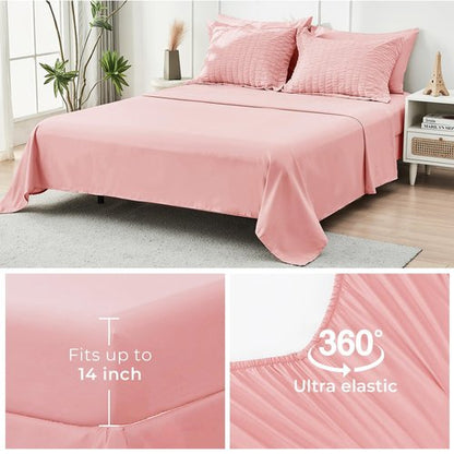 HYMOKEGE Rose Pink King Size Comforter Set Seersucker 7 Pieces, All Season Luxury Bed in a Bag for Bedroom, Bedding Set with Comforter, Sheets, Pillowcases & Shams