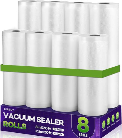 CAREGY Food Vacuum Sealer Bags - 8 Pack of Commercial Grade BPA-Free Rolls | 4 Rolls 8'' x 20' & 4 Rolls 11'' x 20' for Meal Prep & Sous Vide Cooking