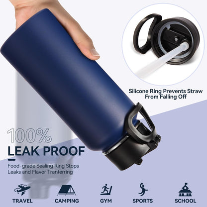 Neihepal 32 oz Insulated Water Bottle - 18/8 Stainless Steel with Straw & Spout Lids | Navy, 1 Pack