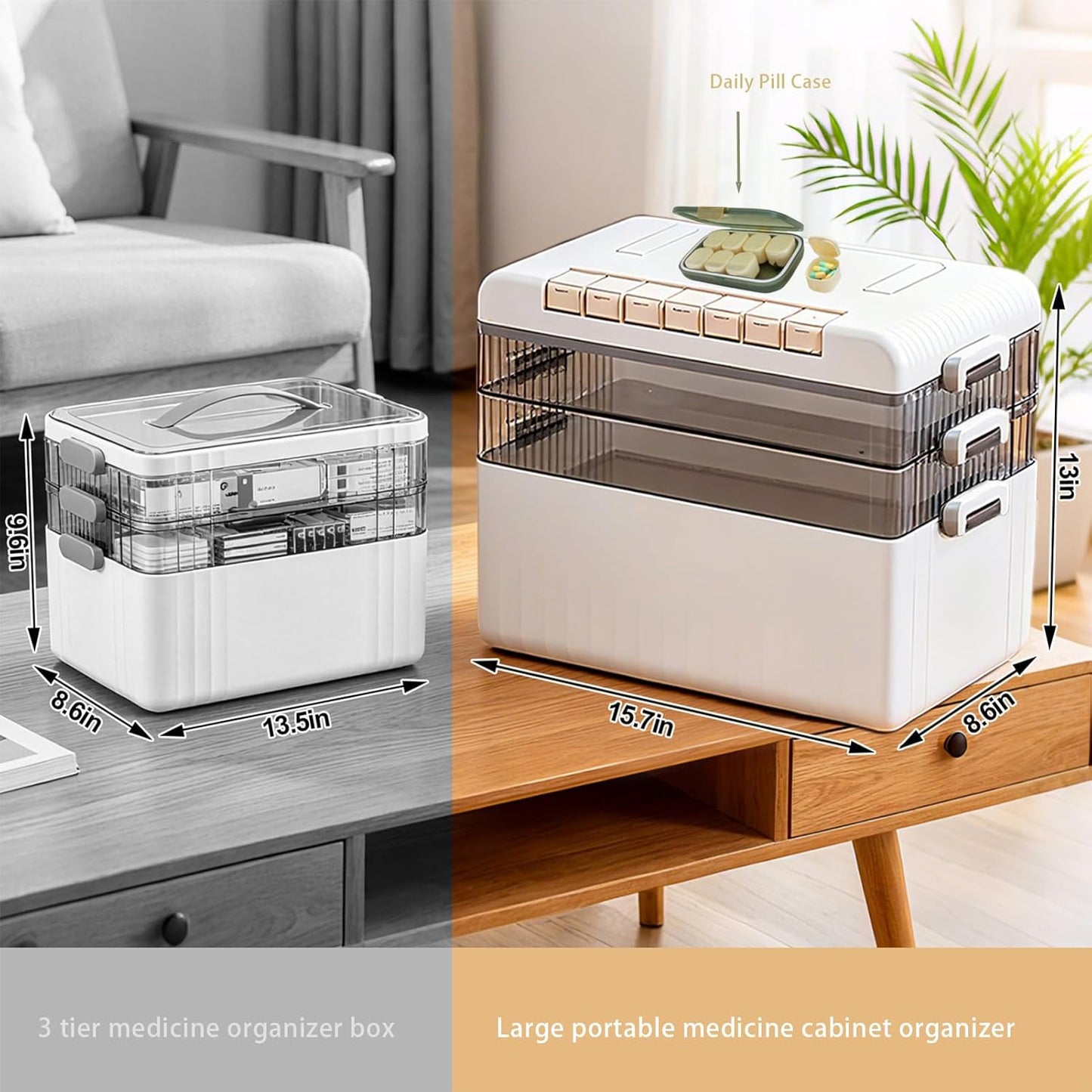 Regine Switzerland Large Medicine Cabinet Pill Organizer - 3-Tier First Aid Storage with Foldable Handle