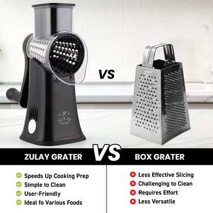 Zulay Kitchen Rotary Cheese Grater 5 Blade Cheese Shredder - Manual Hand Crank Cheese Grater With Reinforced Suction & 5 Interchangeable Drums - Easy to Use, Vegetable Chopper Round Mandoline Slicer