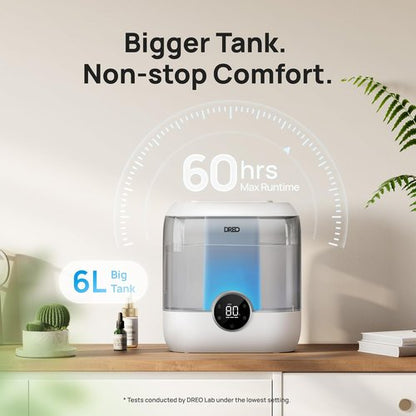 DREO 6L Top Fill Humidifier - Quiet 28 dB Cool Mist for Large Rooms | 60H Runtime, Easy to Clean, Night Light