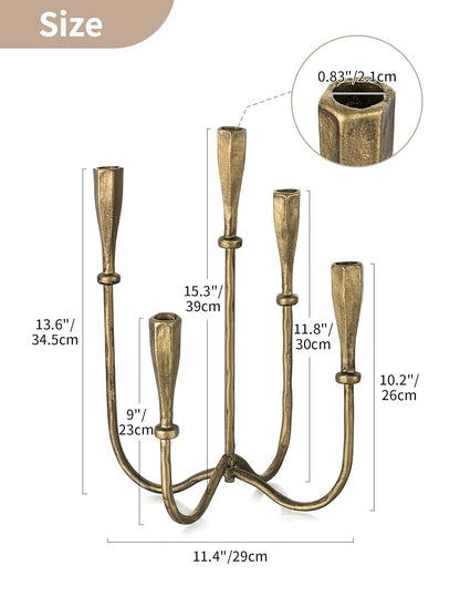 Tall Cast Iron Candle Holder Set – 5-Arm Candelabra in Matte Gold
