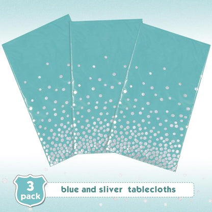 Breling Disposable Tablecloths - Teal Blue & Silver Dot Design for Parties | 54 x 108 Inch