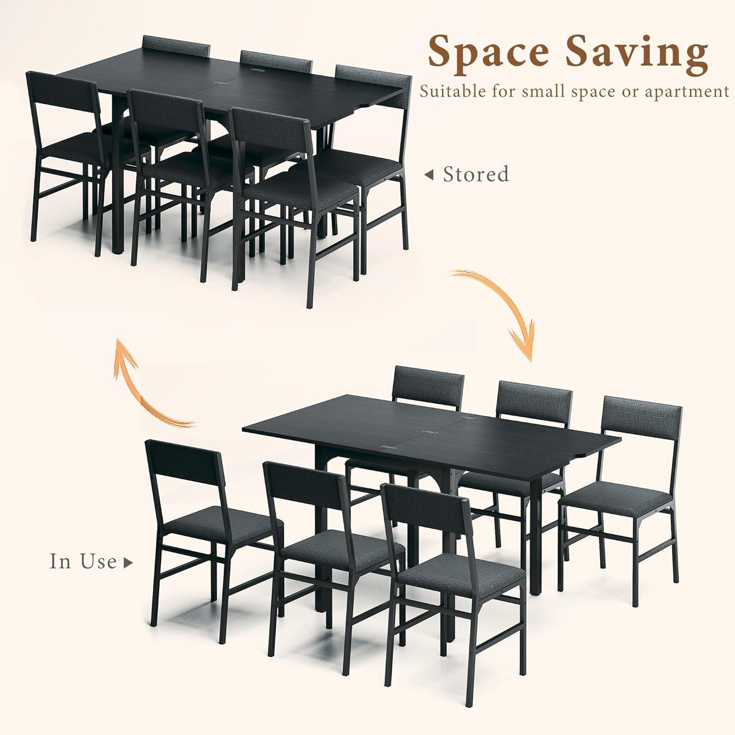 Skiennix 7-Piece Dining Table Set - Extendable Rectangle Table with 6 Cushioned Chairs - Black