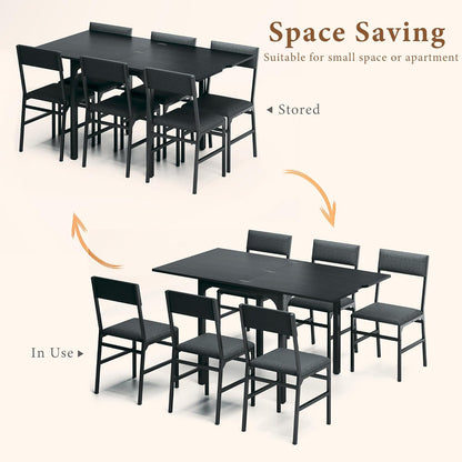 Skiennix 7-Piece Dining Table Set - Extendable Rectangle Table with 6 Cushioned Chairs - Black