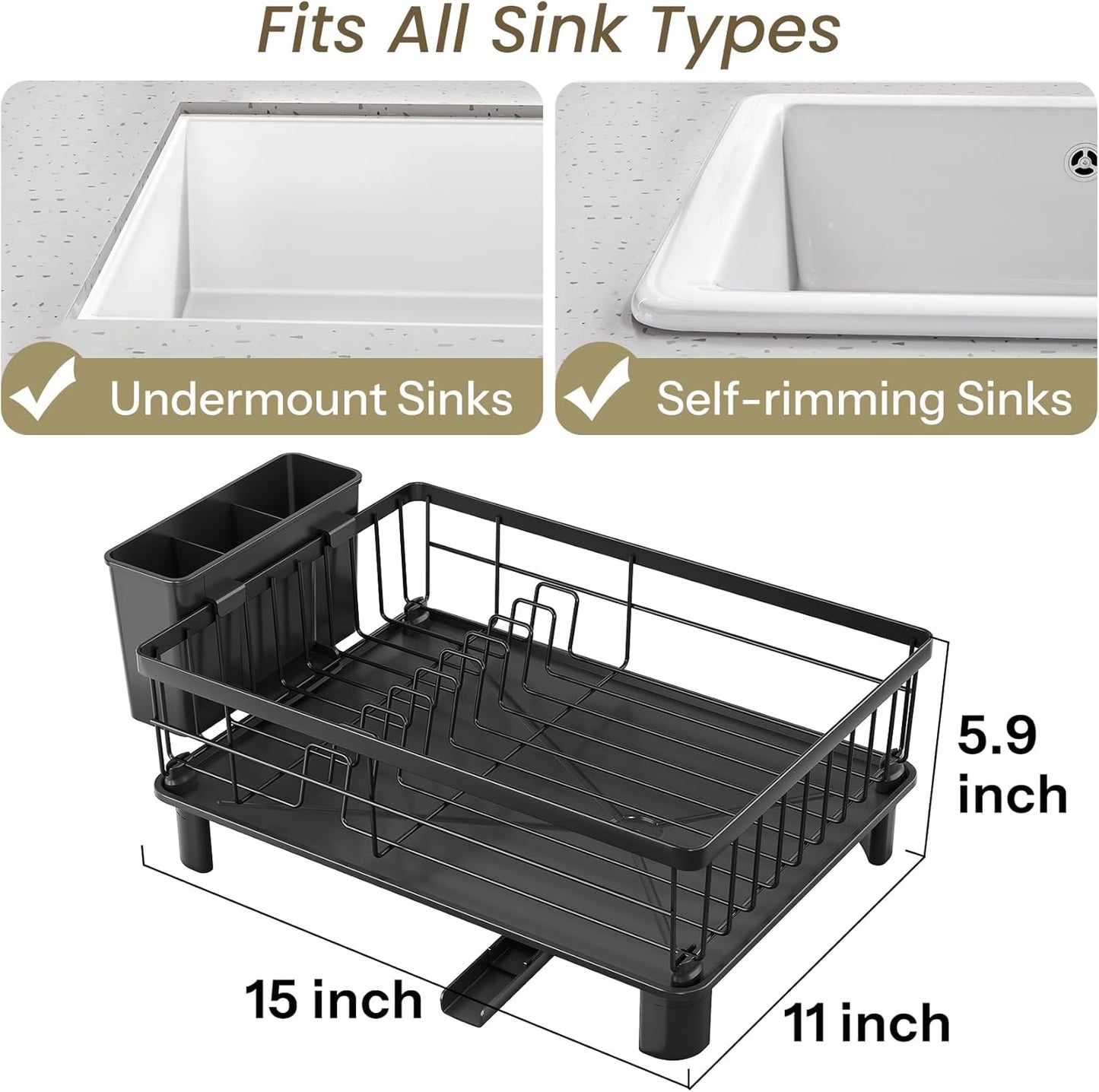 SNTD Dish Drying Rack - Stainless Steel Space-Saving Kitchen Rack with Utensil Holder | 11" W x 15" L (Black)
