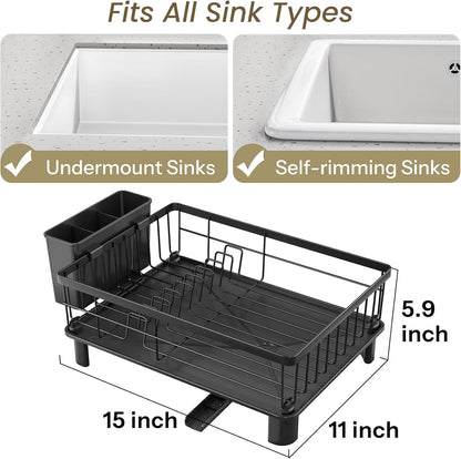 SNTD Dish Drying Rack - Stainless Steel Space-Saving Kitchen Rack with Utensil Holder | 11" W x 15" L (Black)