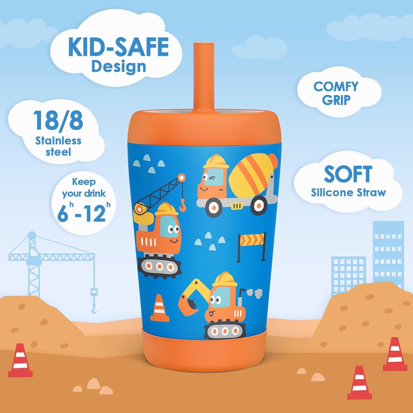 Skiennix Insulated Stainless Steel Tumbler - 12oz Kids Sippy Cup with Silicone Straw | Construction Trucks Design