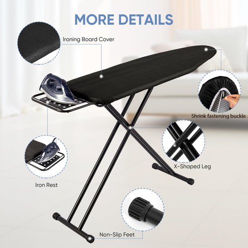 Jakeefud Full Size Ironing Board 15" X 47" with Heat Resistant Cover and Thicken Felt Pad, Safety Iron Rest, Heavy Duty,Anti-Skid Feet, Height Adjustable