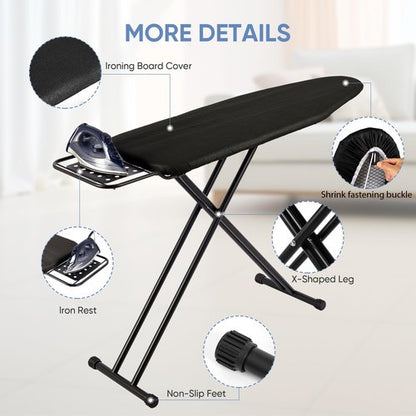 Jakeefud Full Size Ironing Board 15" X 47" with Heat Resistant Cover and Thicken Felt Pad, Safety Iron Rest, Heavy Duty,Anti-Skid Feet, Height Adjustable