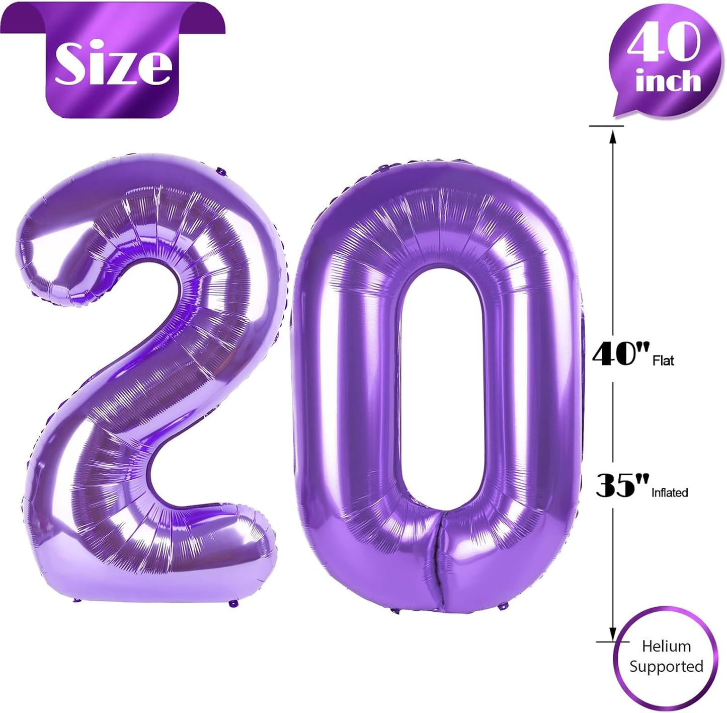 Purple Number 20 Balloon - 40 Inch 20th Birthday Decoration for Girls & Boys Party Supplies