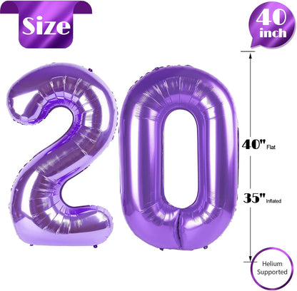 Purple Number 20 Balloon - 40 Inch 20th Birthday Decoration for Girls & Boys Party Supplies