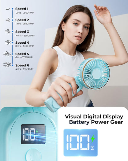TUNISE Portable Handheld Fan - 4000mAh Battery, 6 Speed Settings, USB Rechargeable, Adjustable Design