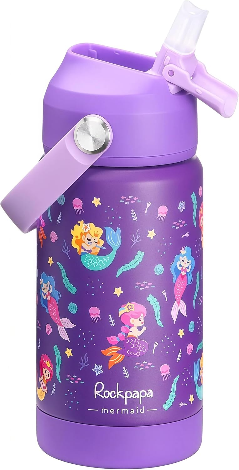 Rockpapa 14 oz Kids Insulated Water Bottle - BPA Free, Leak-Proof Design | Purple Mermaid