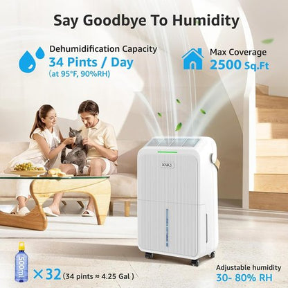KNKA 2500 Sq.Ft Dehumidifier - Intelligent Humidity Control | 34 Pints, Ideal for Home & Large Rooms