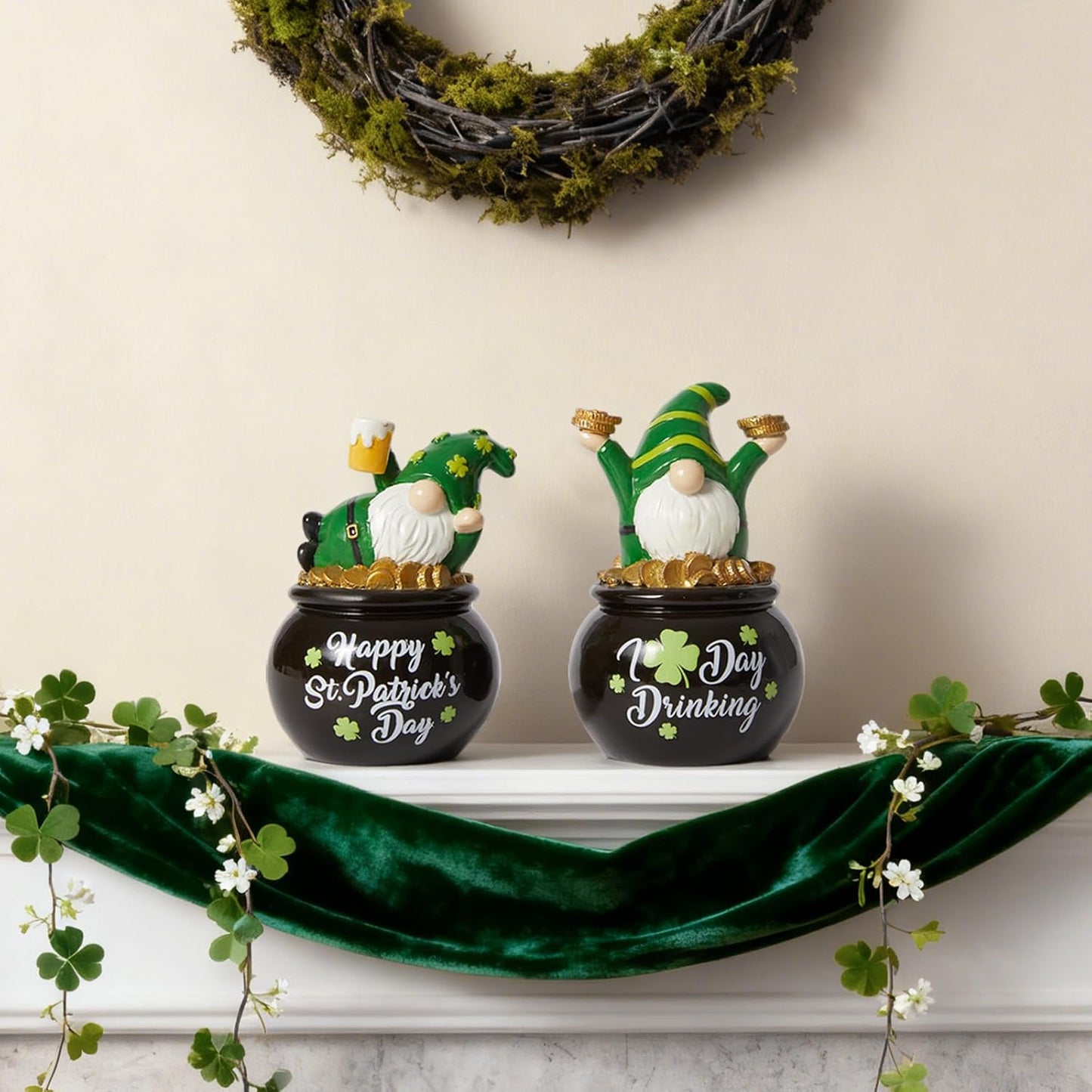 WDS WONDROUS St. Patrick's Day Gnome Figurines - Lucky Pot of Gold Decor | 2-Piece Green Resin Set