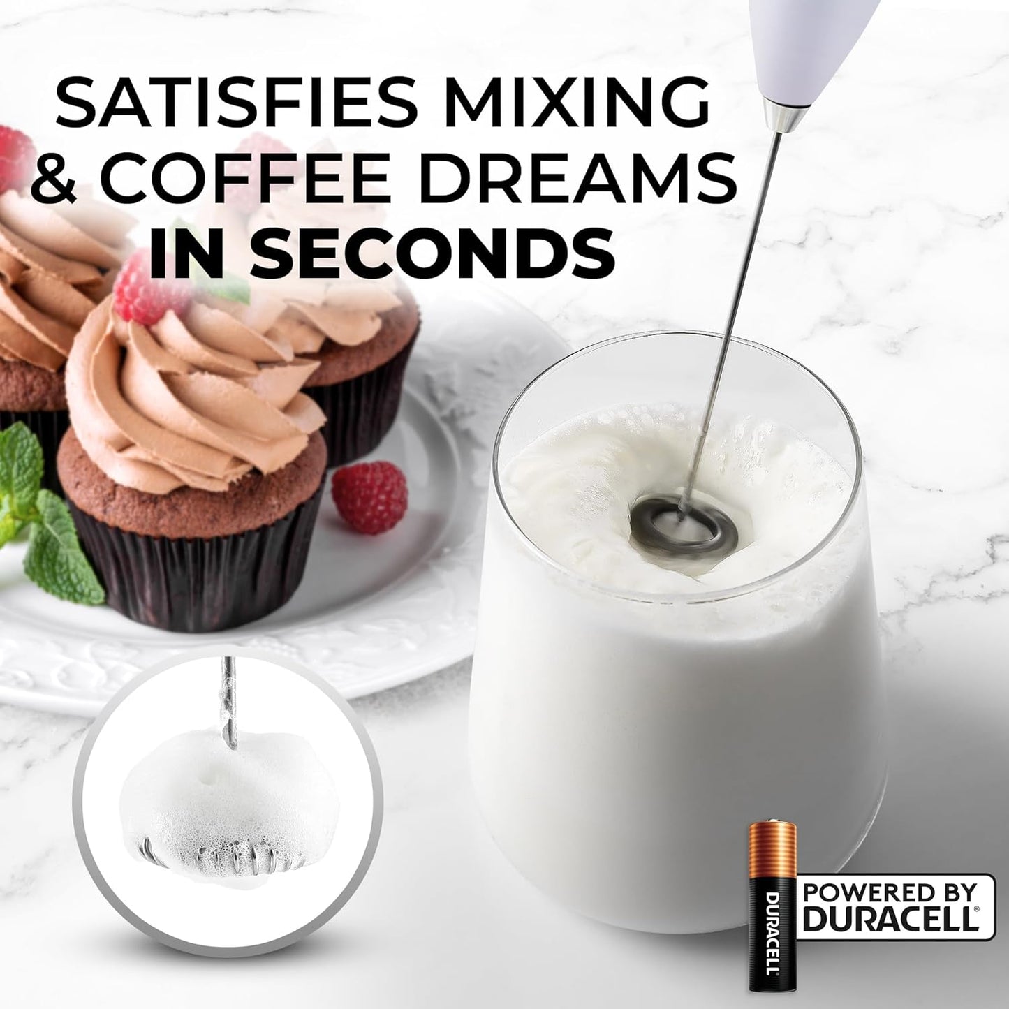 Zulay Kitchen Milk Frother Handheld Electric Whisk with AA Duracell Batteries – Durable Drink Mixer for Coffee, Lattes, Cappuccinos & More - Cloud
