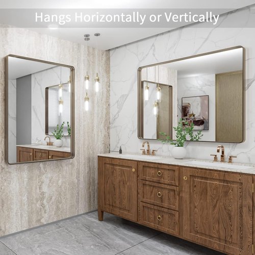 LOAAO Bronze Bathroom Mirror - 40”X32” Rounded Rectangle with Anti-Rust Frame | Hangs Horizontally or Vertically