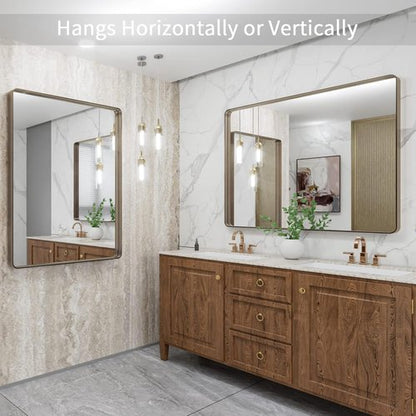 LOAAO Bronze Bathroom Mirror - 40”X32” Rounded Rectangle with Anti-Rust Frame | Hangs Horizontally or Vertically