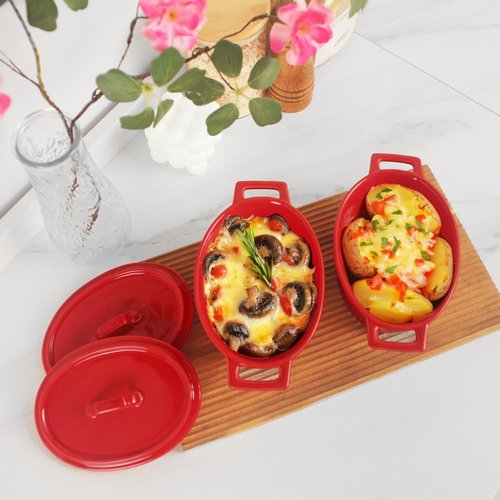 Ceramic Mini Oval Cocotte Set - 10 Oz Small Casserole Dishes with Lids & Handles | Red 7.1 Inch, Oven & Microwave Safe