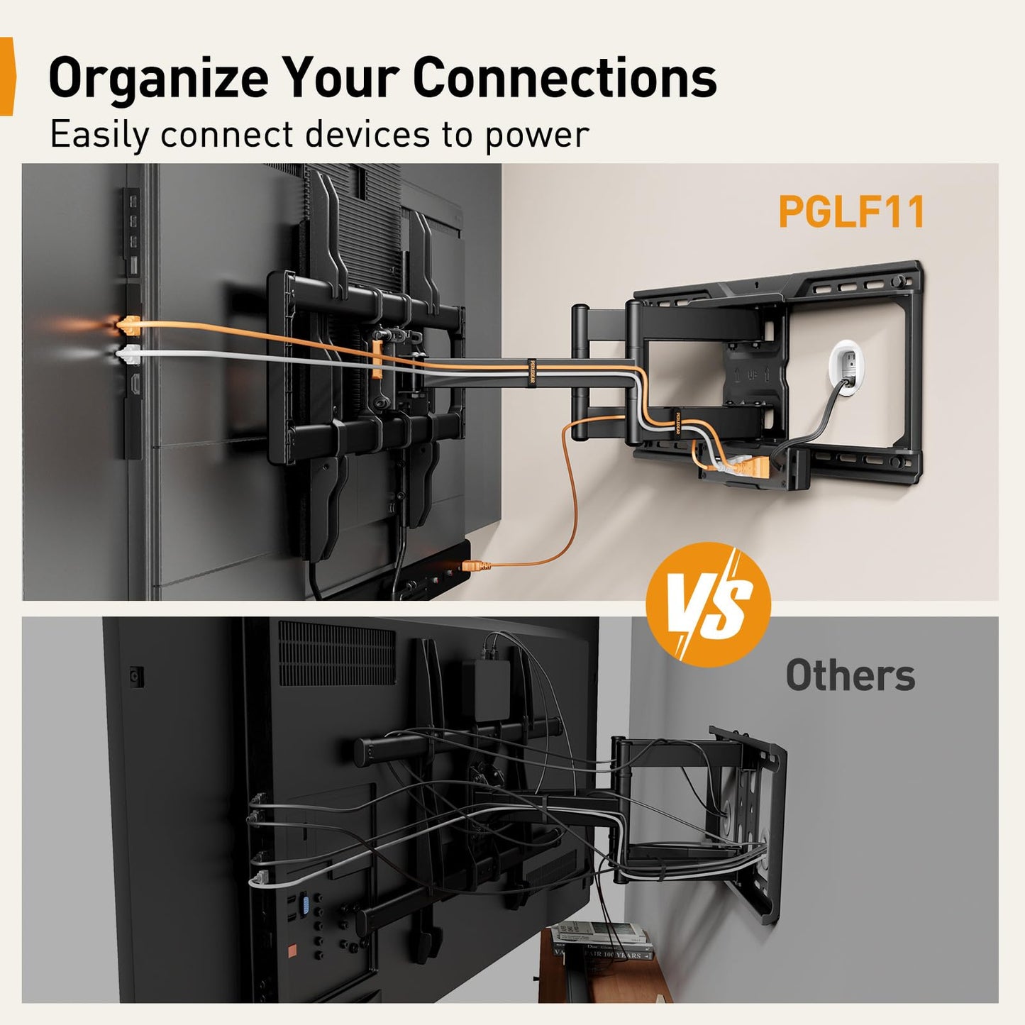 Perlegear Full Motion TV Wall Mount with Power Strip for 42–90 Inch TVs up to 150 lbs, Pre-Assembled TV Mount Has Smooth Swivel, Tilt, Extension, Max VESA 600x400mm, 12“/16”/24” Wood Studs, PGLF11