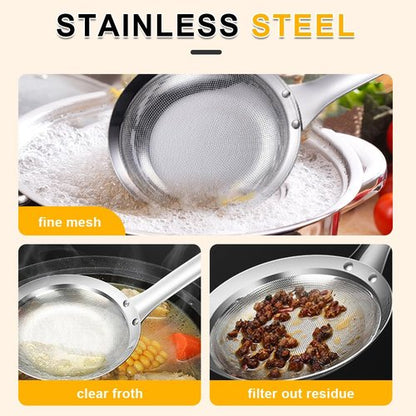 Fine Mesh Stainless Steel Colander Spoon,2025 New Extra Fine Mesh Strainer with Handle,304 Stainless Steel Skimmer Spoon Kitchen Gadget for Filte Grease Foam (1, A Style, Large+Small)