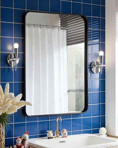 DMWOODFL 36"x24" Wall Mounted Bathroom Vanity Mirror, Rounded Rectangle Matte Black Metal Frame Mirror, Anti-Rust Tempered Glass, Horizontal Vertical Hanging Modern Farmhouse Mirror for Bathroom