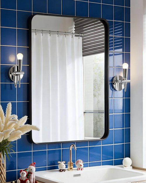 DMWOODFL 36"x24" Wall Mounted Bathroom Vanity Mirror, Rounded Rectangle Matte Black Metal Frame Mirror, Anti-Rust Tempered Glass, Horizontal Vertical Hanging Modern Farmhouse Mirror for Bathroom