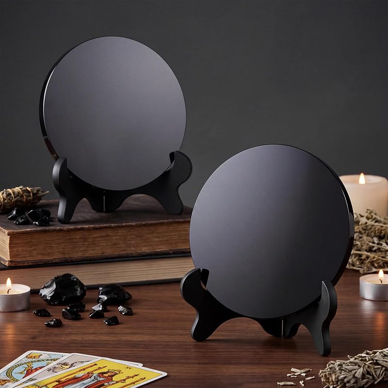 Obsidian Scrying Mirror 5.91 in with Wood Stand - 2 Pack Variation of THIS listing