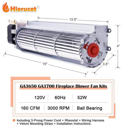 Hiorucet Fireplace Blower Fan Kit - Compatible with Desa Tech, FMI, Vanguard & More - GA3650A, GA3700, GA3750A