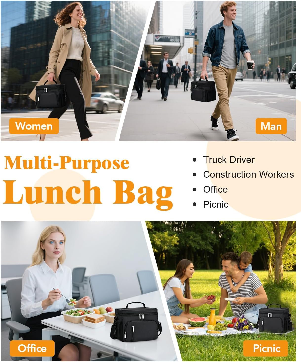 Skiennix Insulated Lunch Bag - 9L Leakproof Soft Cooler Tote with 5 Pockets | Adjustable Strap - Black