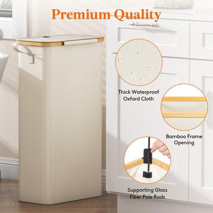 Lifewit 65L Slim Laundry Hamper with Lid, Narrow Laundry Basket with Removable Bag & Bamboo Handles, Fodable Thin Dirty Clothes Hamper for Laundry Collapsible Bin for Bathroom Bedroom Dorm, White