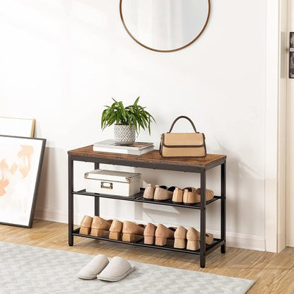HOOBRO Shoe Bench - 3-Tier Industrial Shoe Organizer with Mesh Shelves - 29.5" Rustic Brown Entryway Storage