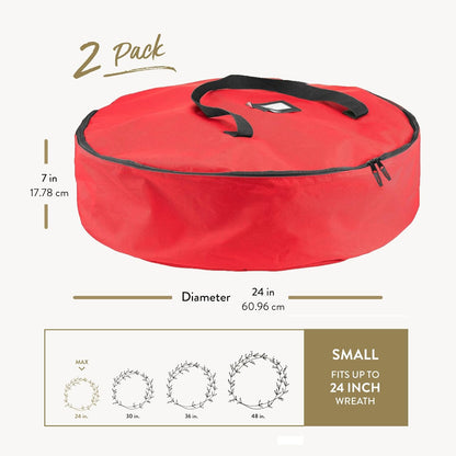 ZOBER Christmas Wreath Storage Bag - Waterproof 24 Inch Oxford Container with Dual Zippers & Strong Handles - Red