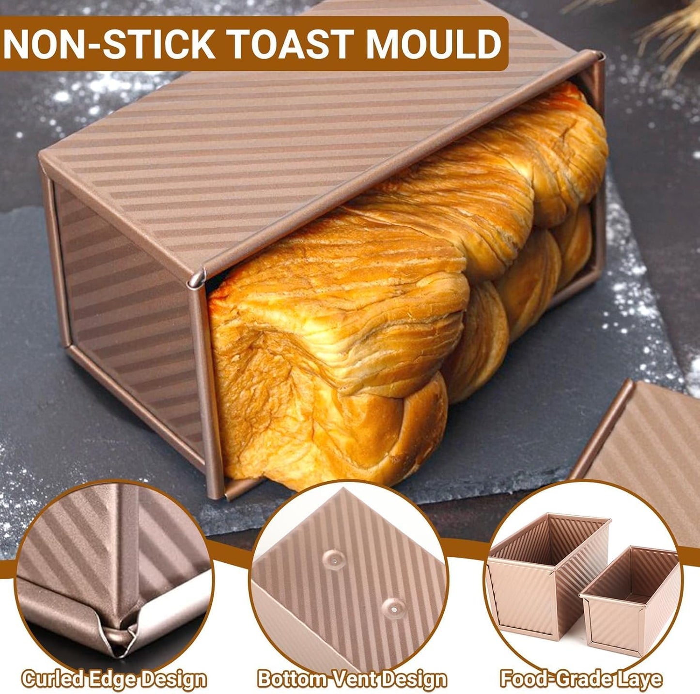 Pullman | 3 Pack Non-Stick Loaf Pan Set with Lids - 2.2 lb, 1 lb & 0.8 lb Dough Capacity