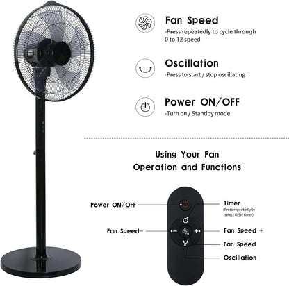 Simple Deluxe 16-Inch Stand Fan - Height Adjustable Pedestal Fan with Remote Control & 90-Degree Oscillation | Black