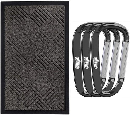 GORILLA GRIP WeatherMax Doormat - Heavy Duty 17x29 Inch Gray Diamond | Includes 3 Pack Black Carabiner Clips