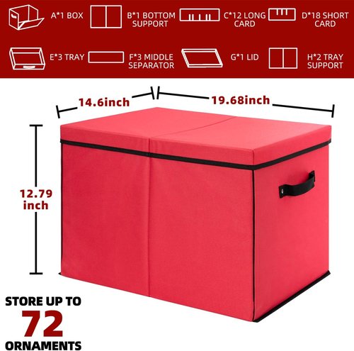 Inin Christmas Ornament Storage Box - Stackable Organizer with Adjustable Dividers | Holds 72 Balls, Red